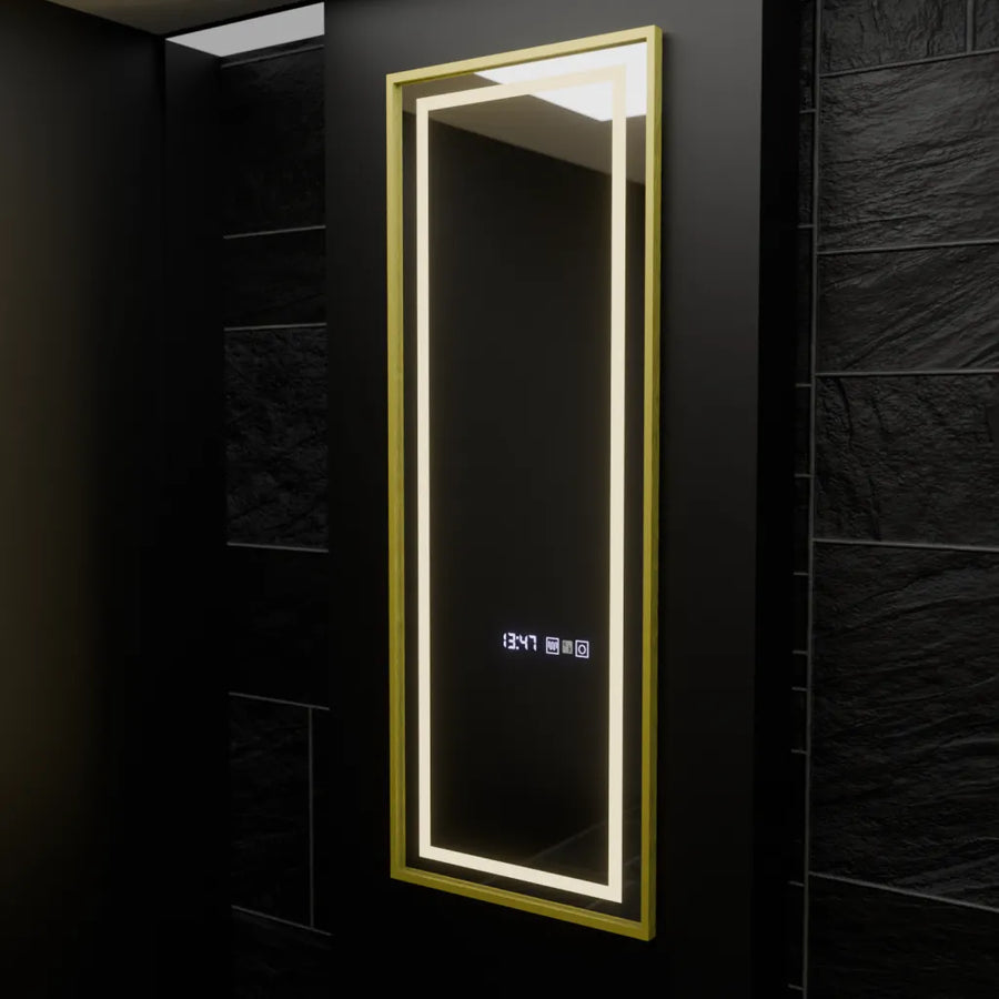 Prostokątne lustro LED, 45x140 cm, czujnik radarowy Elena Marcello, system przeciwmgielny, zegar i termometr, Dimabila, lustra Dressing Couture Domyślny tytuł Alessandro Design