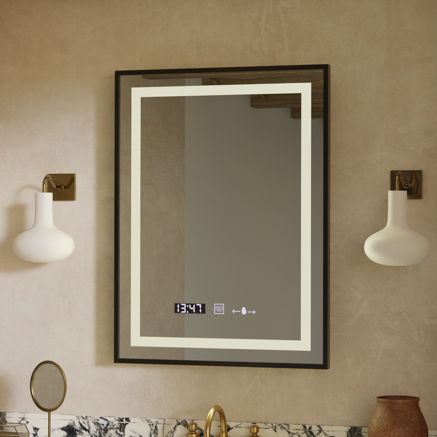 Prostokątne lustro LED, 50x70cm, Verite Majeste Noir Motion Glow Marcello, system odmgławiania, zegar i termometr, przyciemniane lustra Marcello Domyślny tytuł Alessandro Design