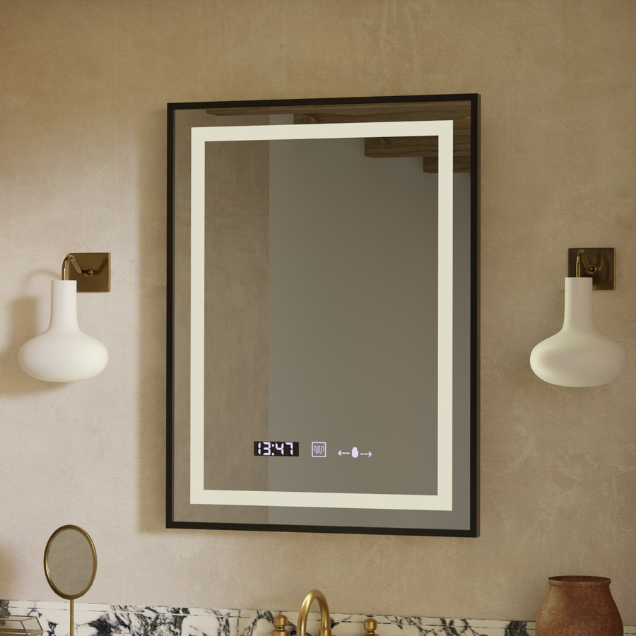 Prostokątne lustro LED, 50x70cm, Verite Majeste Noir Motion Glow Marcello, system odmgławiania, zegar i termometr, przyciemniane lustra Marcello Domyślny tytuł Alessandro Design