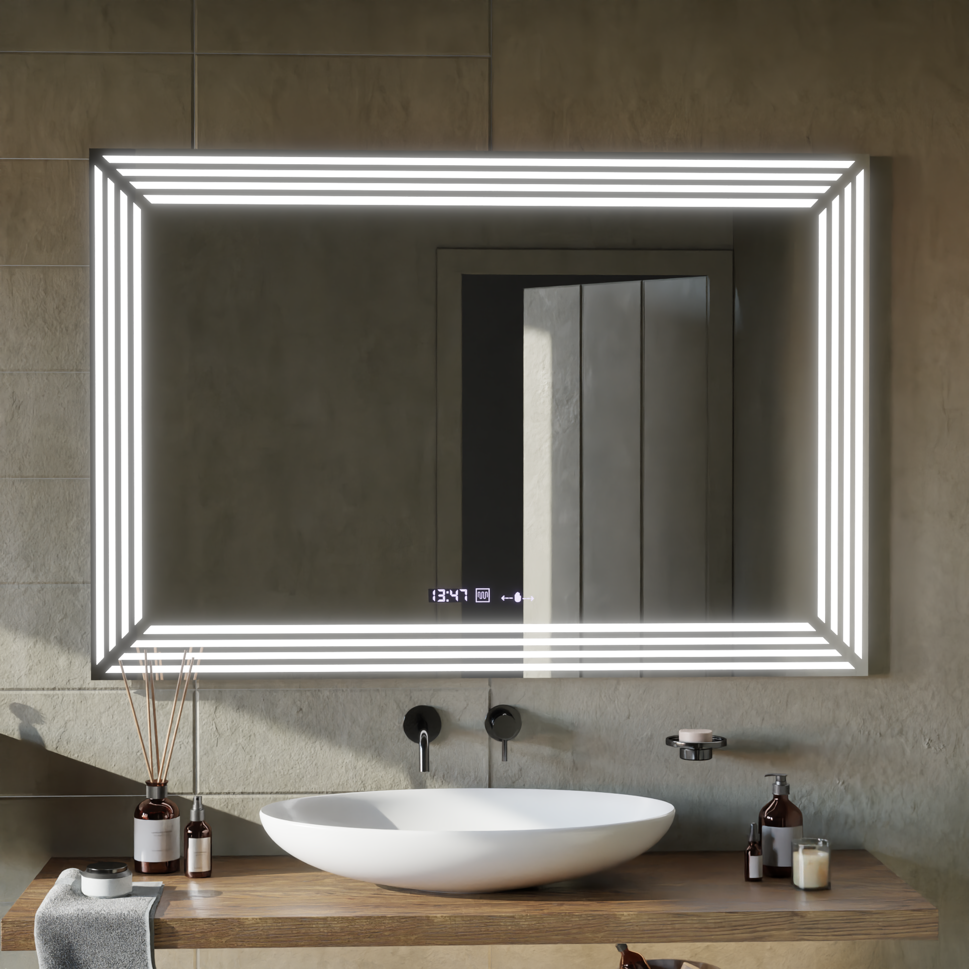 Oglinda LED Rectangulara, 120x80cm, Venezia Senzor MotionGlow Marcello, Sistem Dezaburire, Ceas & Termometru, Dimabila Oglinzi Marcello Default Title Alessandro Design