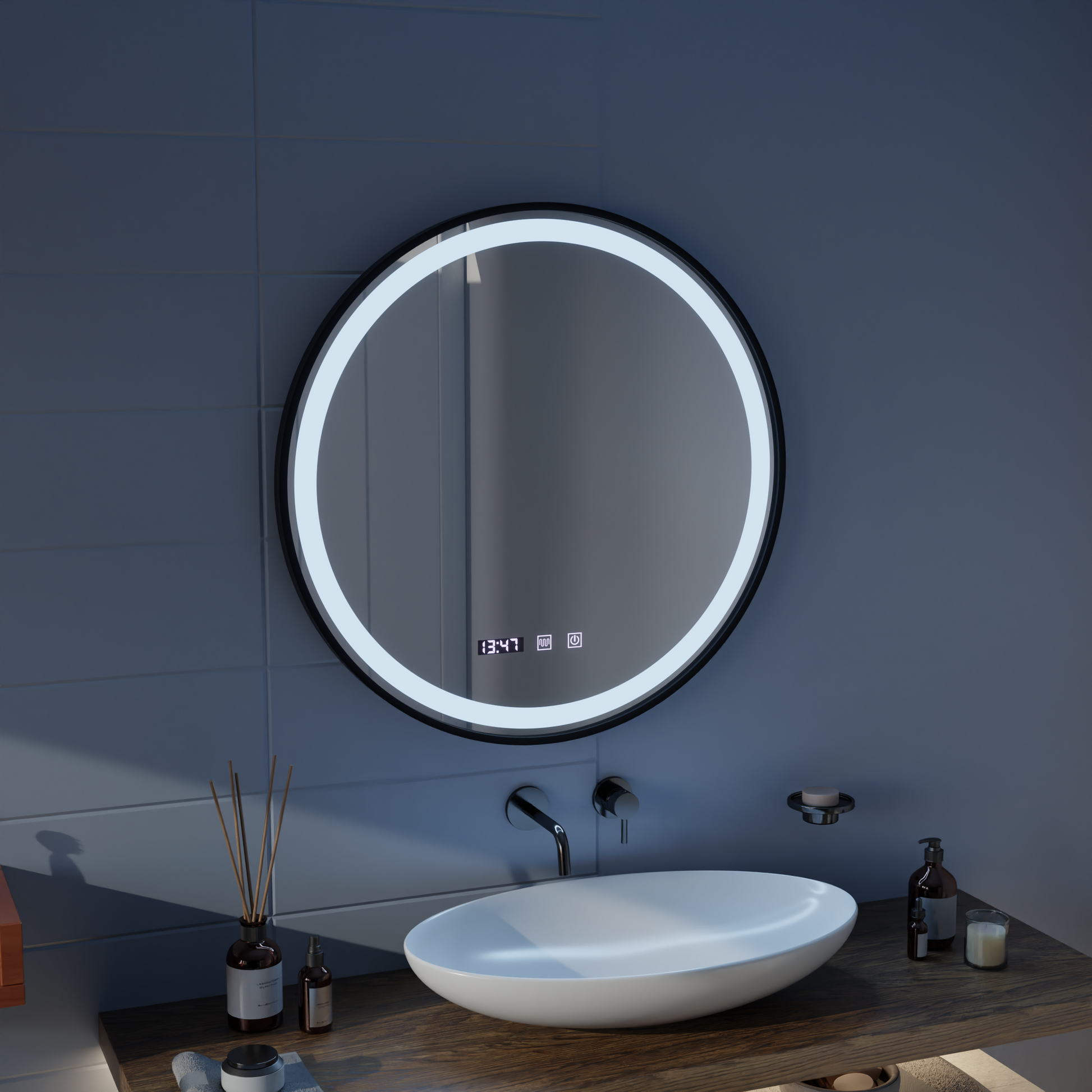 Lustro dotykowe LED NOVARA System odmgławiania, zegar i temperatura 50 cm Czarna rama Lustra szczotkowane Korman S Domyślny tytuł Alessandro Design