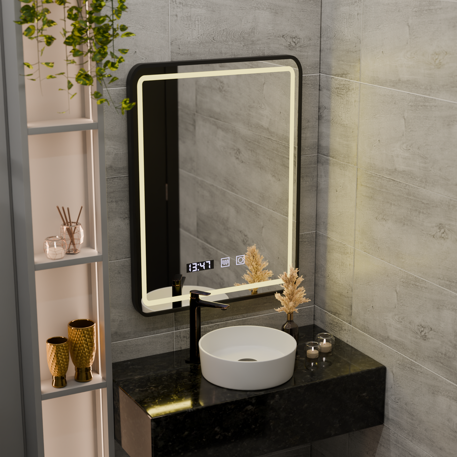 Lustro LED Touch LUCIDA System odmgławiania, zegar i temperatura 50x70 cm Rama Czarne szczotkowane lustra Korman S Domyślny tytuł Alessandro Design