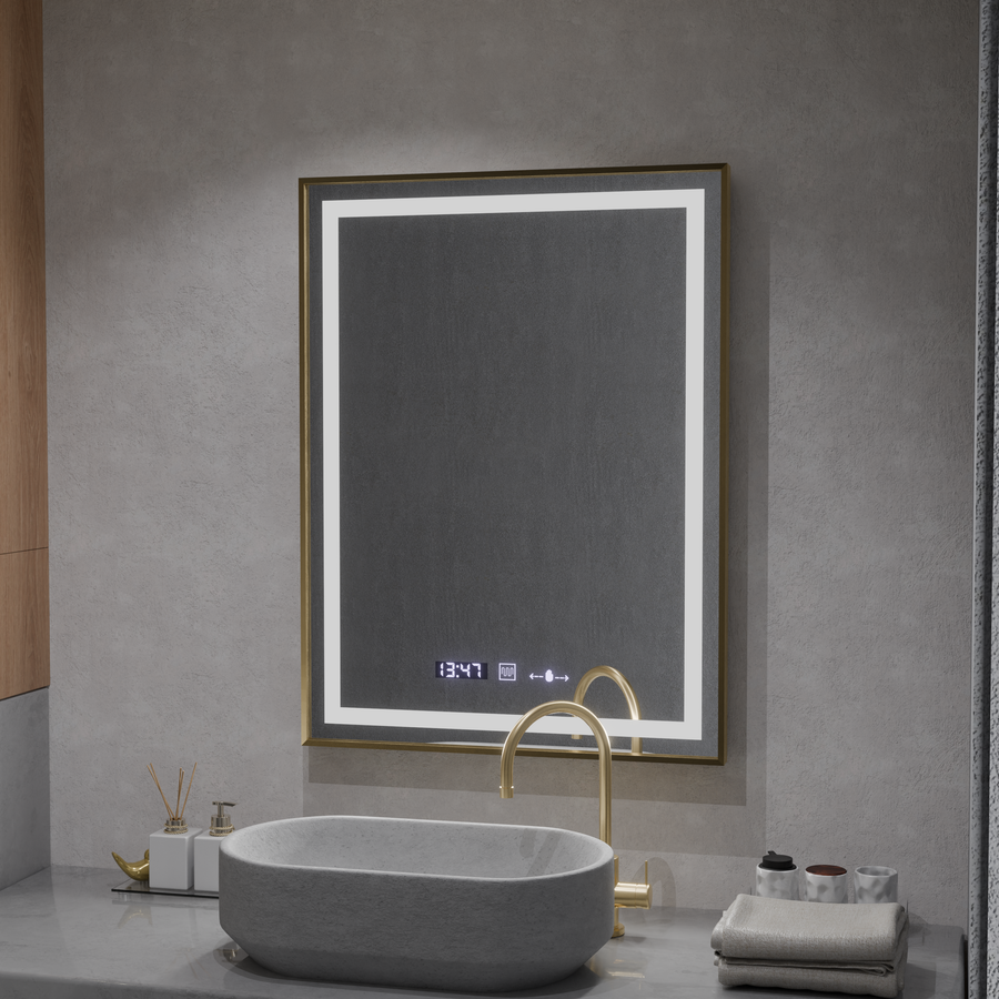 Prostokątne lustro LED, 60x80 cm, Verite Royale Gold MotionGlow Marcello, system odmgławiania, zegar i termometr, przyciemniane lustra Marcello Domyślny tytuł Alessandro Design