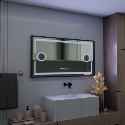 Lustro LED MotionGlow Domingo czujnik z funkcją odmgławiania Termometr Zegar 120x65 cm Możliwość przyciemniania Światło zimne/ciepłe/neutralne, Szczotkowana czarna ramka, kolekcja Marcello Funghi Lustra Marcello Domyślny tytuł Alessandro Design
