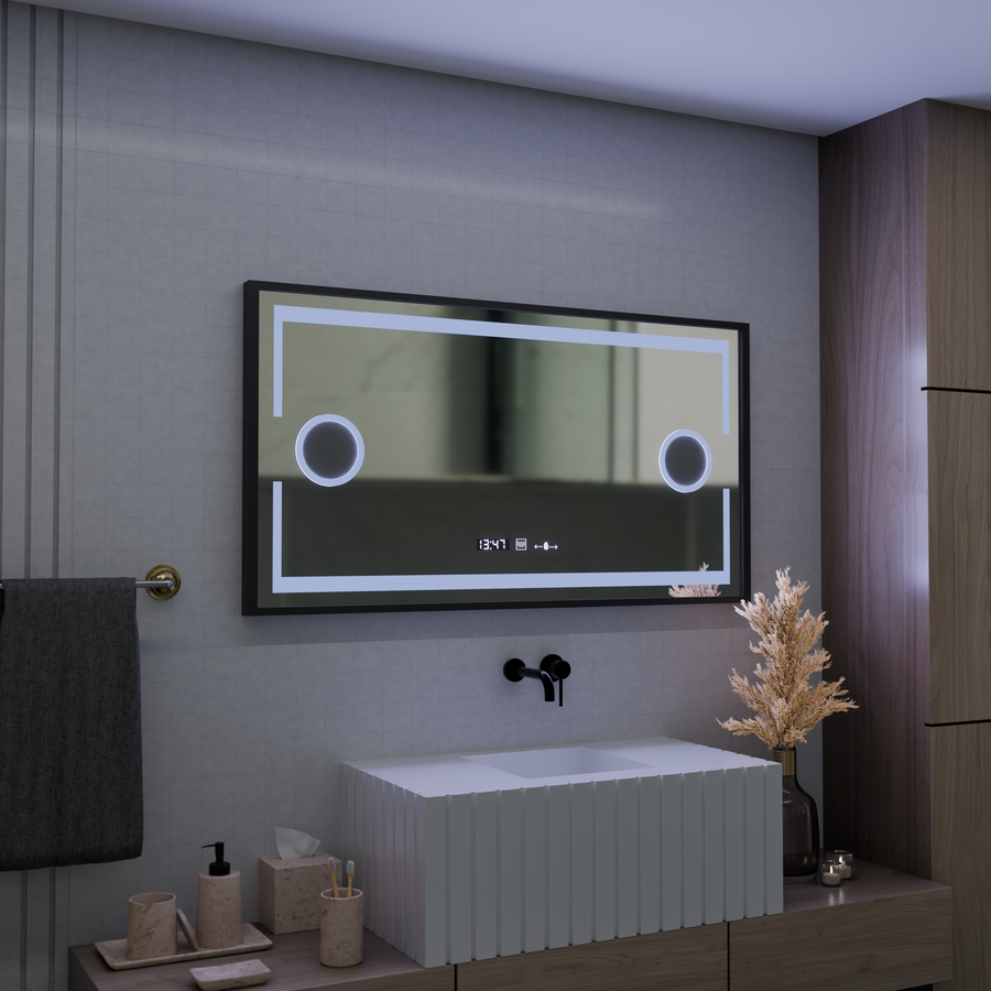Lustro LED MotionGlow Domingo czujnik z funkcją odmgławiania Termometr Zegar 120x65 cm Możliwość przyciemniania Światło zimne/ciepłe/neutralne, Szczotkowana czarna ramka, kolekcja Marcello Funghi Lustra Marcello Domyślny tytuł Alessandro Design