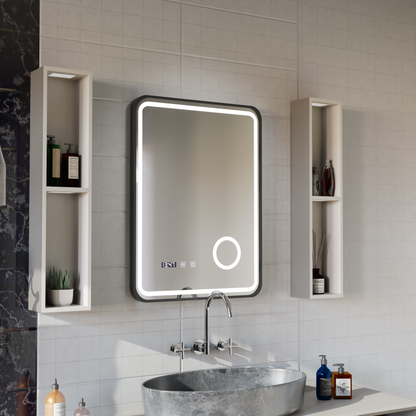 Ulrich LED Touch Lusterko System odmgławiania, zegar i temperatura 75x90 cm Czarna ramka Szczotkowane lusterka kosmetyczne Korman S Domyślny tytuł Alessandro Design