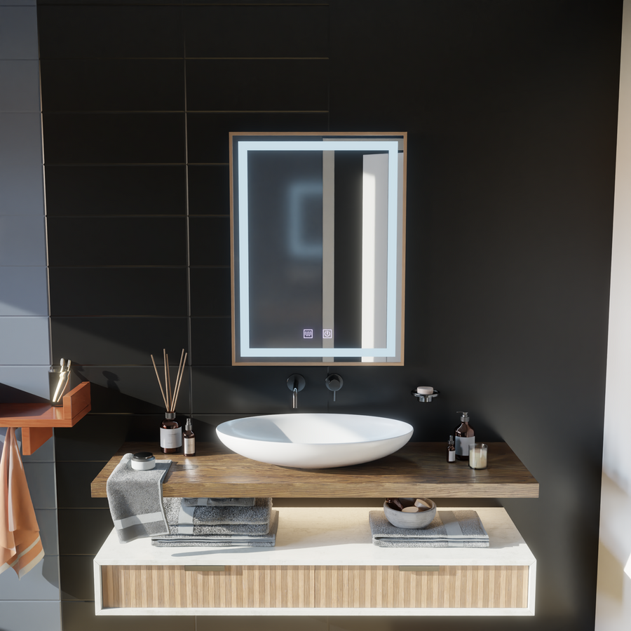 Lustro dotykowe Kariri LED, 60x80 cm, funkcja odmgławiania, lustra ze szczotkowaną ramą w kolorze złotej róży Korman E Domyślny tytuł Alessandro Design