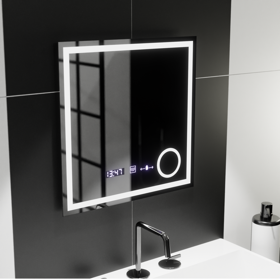 Prostokątne lustro LED, 60x60 cm, Souverain MotionGlow Marcello, system usuwania zamglenia, zegar i termometr, lupa kosmetyczna, przyciemniane lustra Marcello Domyślny tytuł Alessandro Design