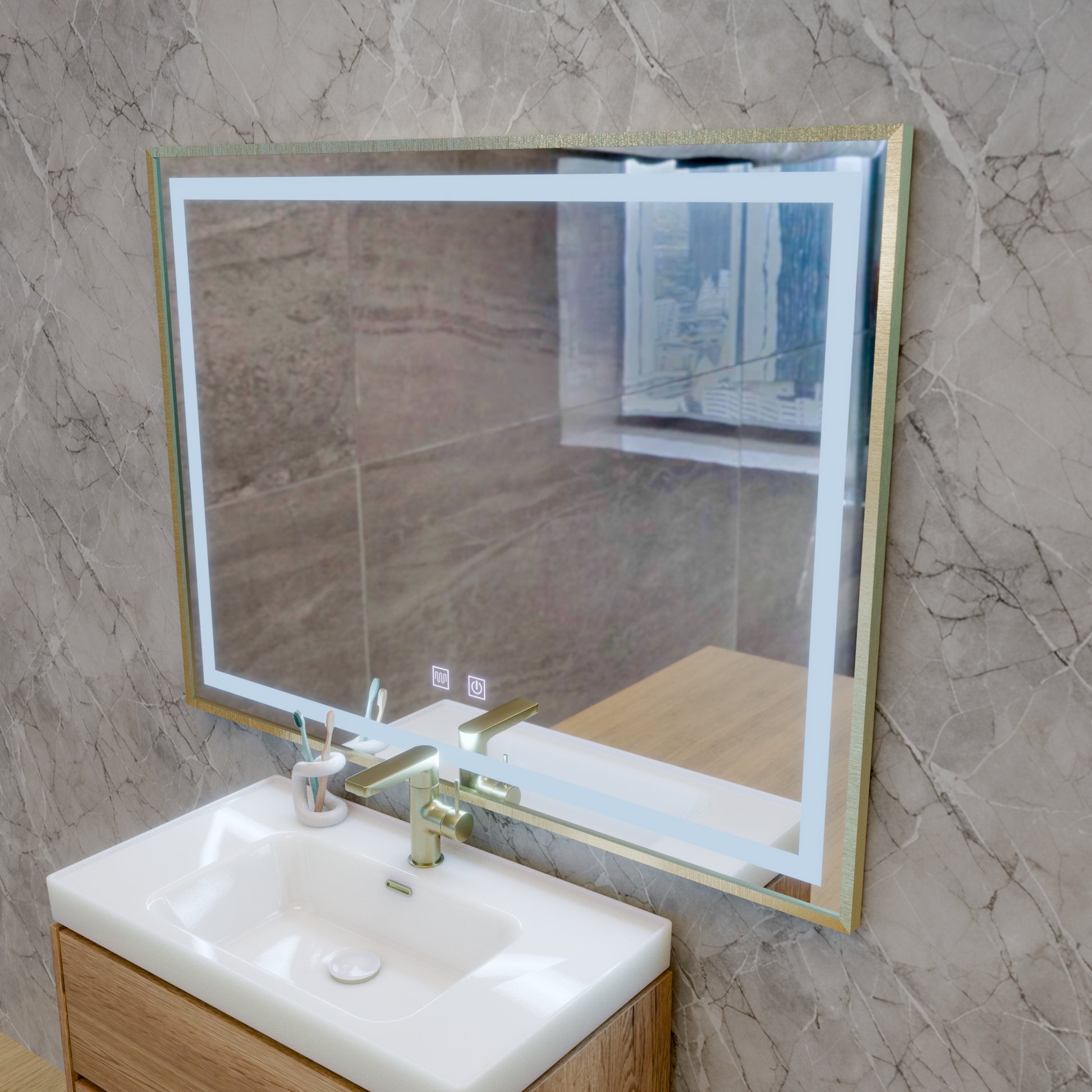 Lustro LED RAYNA Touch, 80x60 cm, funkcja odmgławiania, lustra w ramie ze szczotkowanego złota Korman E Domyślny tytuł Alessandro Design