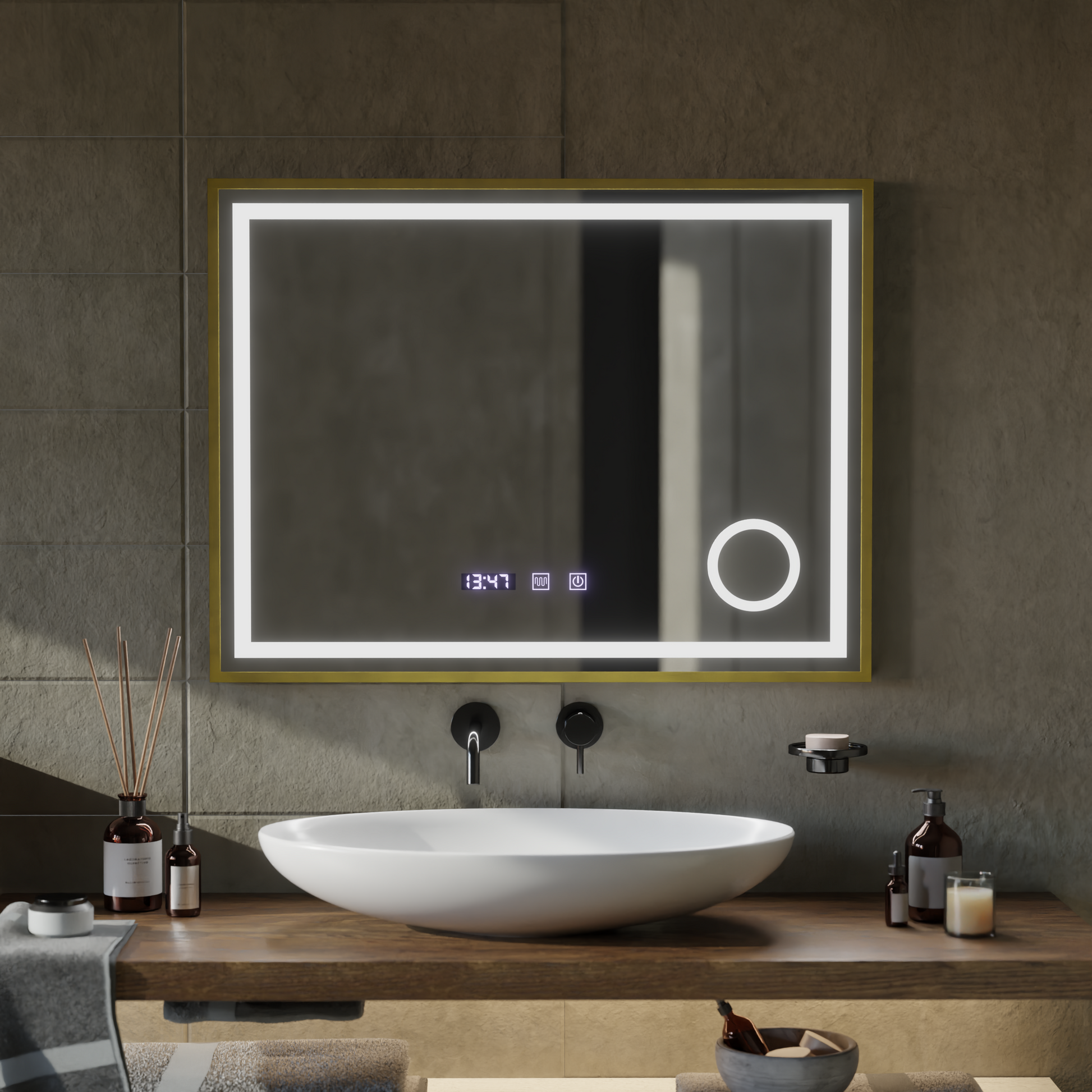 LED Touch CLARUS System odmgławiania lusterek, zegar i temperatura 80x60 cm Złota ramka Szczotkowane lusterka kosmetyczne Korman S Domyślny tytuł Alessandro Design