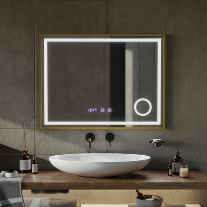 LED Touch CLARUS System odmgławiania lusterek, zegar i temperatura 80x60 cm Złota ramka Szczotkowane lusterka kosmetyczne Korman S Domyślny tytuł Alessandro Design