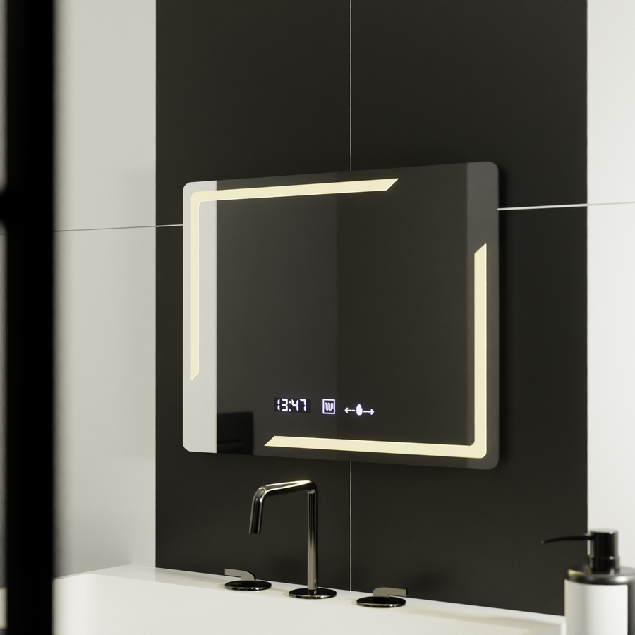 Prostokątne lustro LED, 80x60 cm, Rayonnement MotionGlow Marcello, system odmgławiania, zegar i termometr, przyciemniane lustra Marcello Domyślny tytuł Alessandro Design