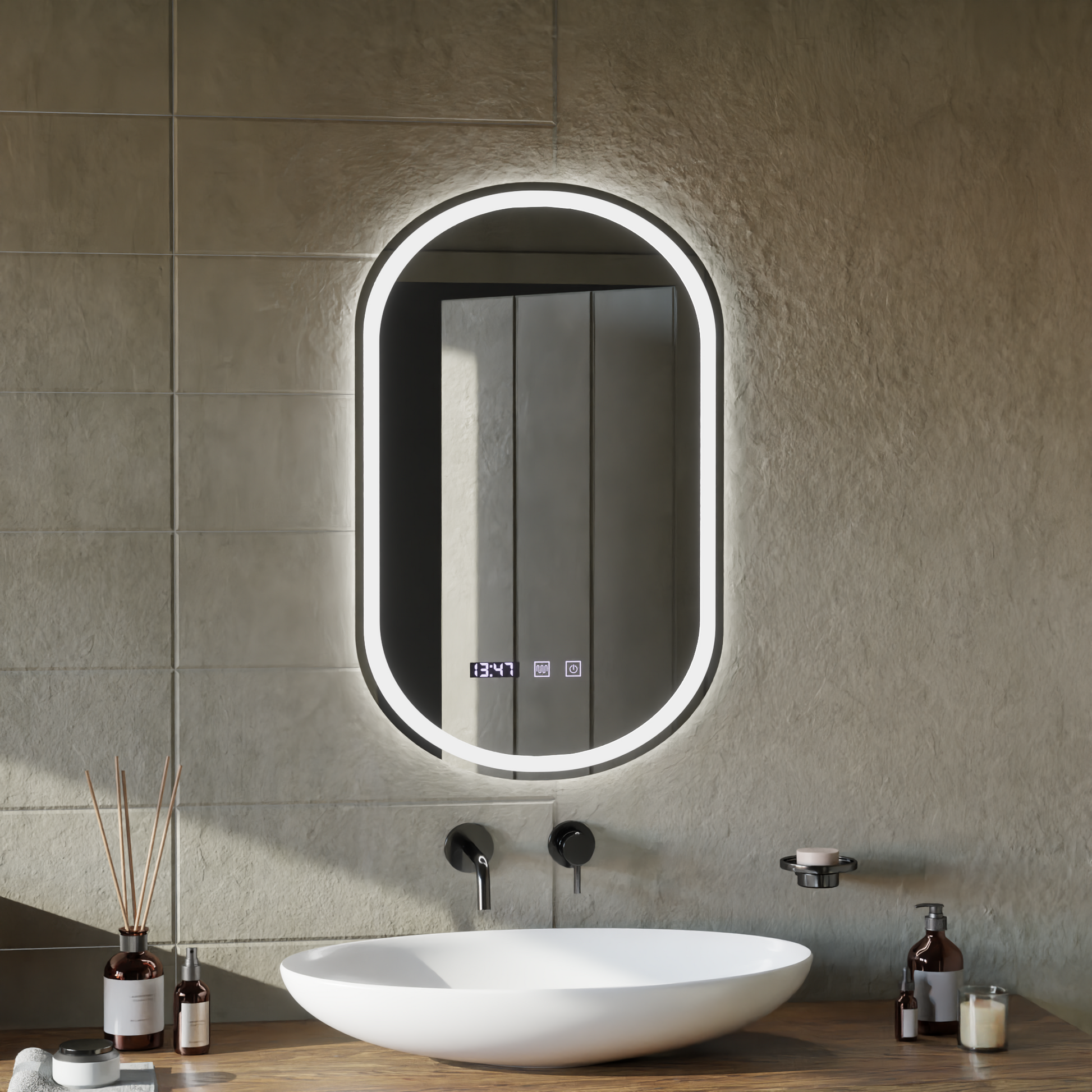Lustro dotykowe LED ONIRA System przeciwmgielny, zegar i temperatura Lustra 50x80 cm Korman S Domyślny tytuł Alessandro Design