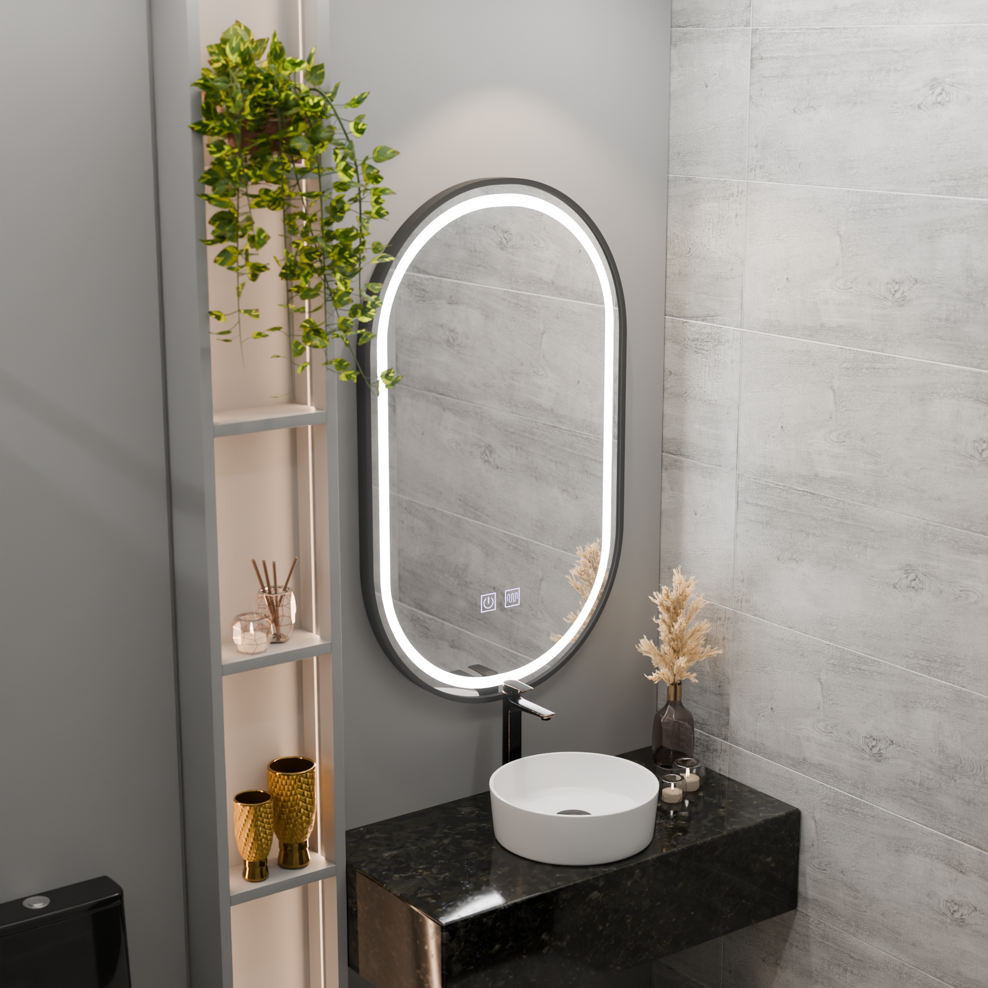 Owalne lustro LED 50x100cm VETRO Touch przyciemniany system odmgławiania, czarna ramka Lustra Korman E Domyślny tytuł Alessandro Design