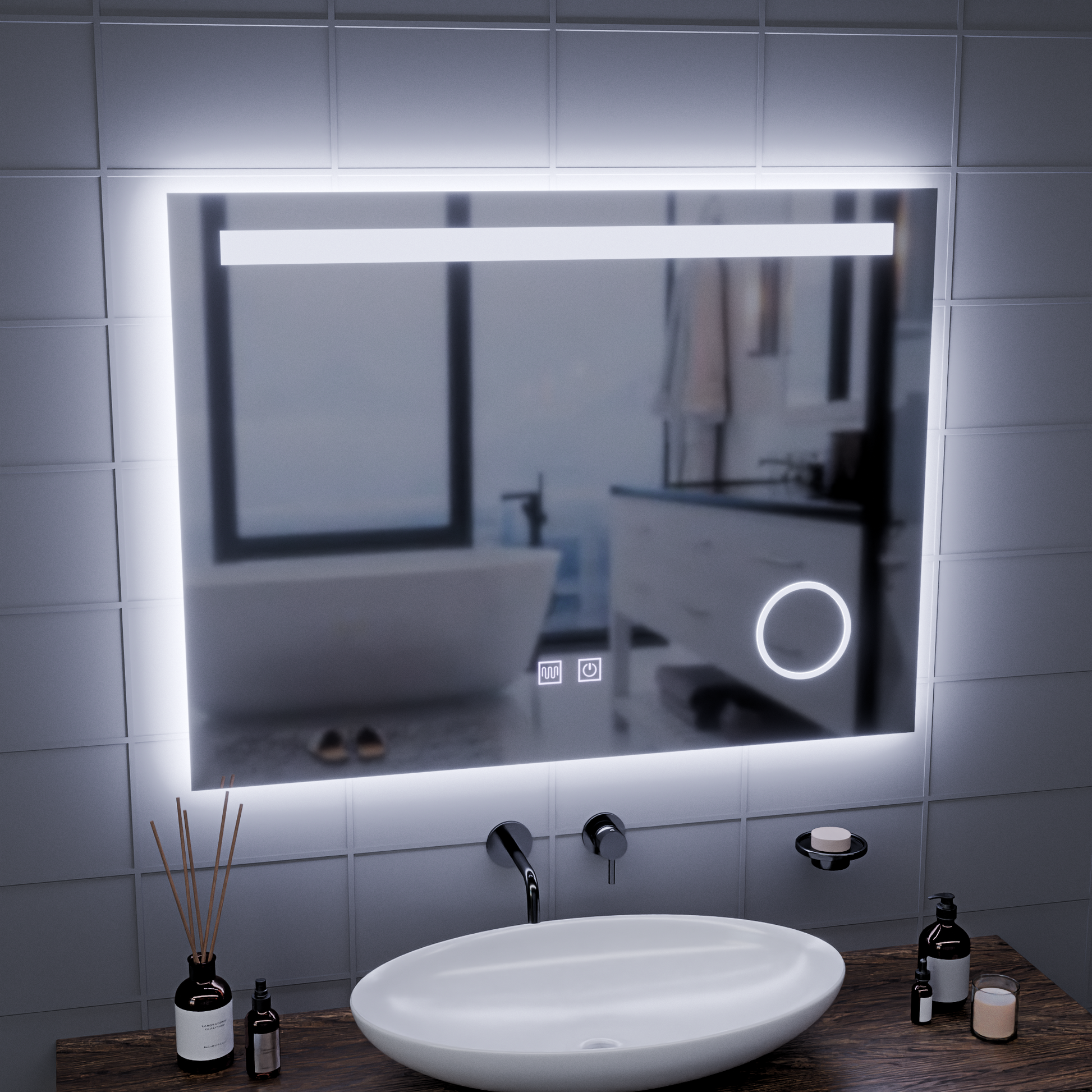 Prostokątne lustro LED, 80x60 cm, dotyk fortepianowy, system odmgławiania, możliwość przyciemniania, zimne światło 6000 K Lustra Korman E Domyślny tytuł Alessandro Design