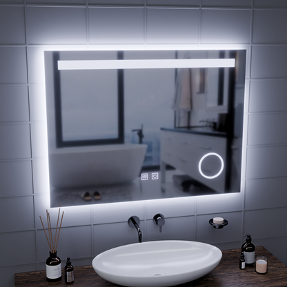Prostokątne lustro LED, 80x60 cm, dotyk fortepianowy, system odmgławiania, możliwość przyciemniania, zimne światło 6000 K Lustra Korman E Domyślny tytuł Alessandro Design