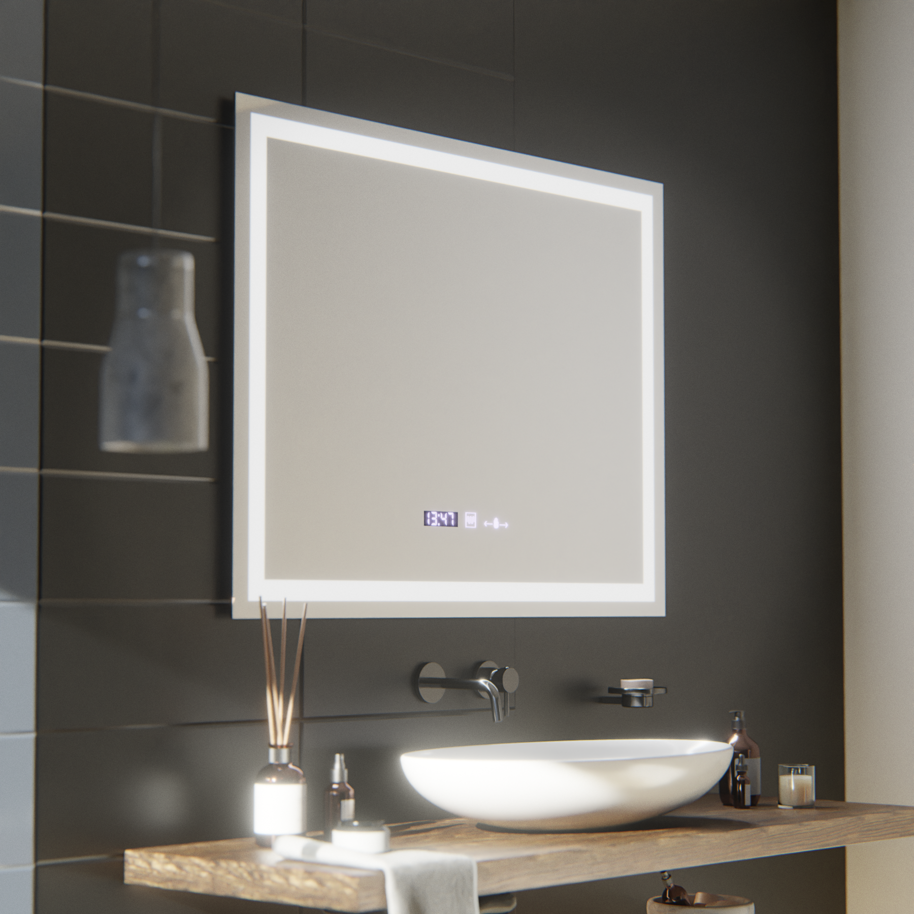 Prostokątne lustro LED, 100x75 cm, Verite MotionGlow Marcello, system usuwania zamglenia, zegar i termometr, przyciemniane lustra Marcello Tytuł domyślny Alessandro Design