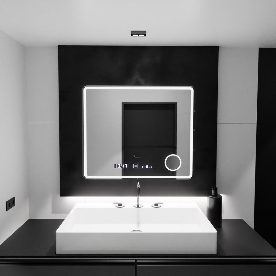 Prostokątne lustro LED, 80x60 cm, Riflesso MotionGlow Marcello, system usuwania zamglenia, zegar i termometr, lupa kosmetyczna, przyciemniane lustra Marcello Domyślny tytuł Alessandro Design
