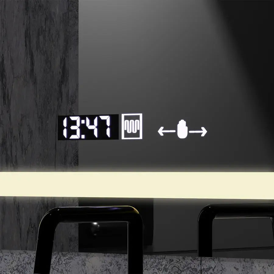 Prostokątne lustro LED, 80x60 cm, definicja MotionGlow Marcello, system usuwania zamglenia, zegar i termometr, lupa kosmetyczna, przyciemniane lustra Marcello Domyślny tytuł Alessandro Design