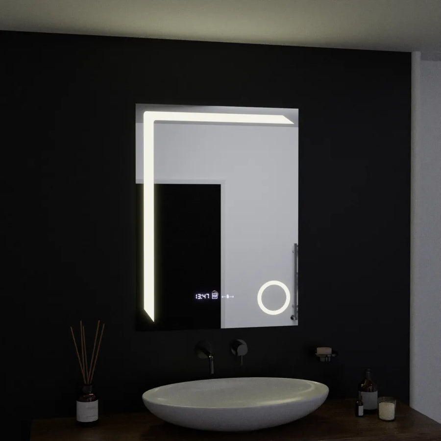 Prostokątne lustro LED, 60x80 cm, Precision MotionGlow Marcello, system usuwania zamglenia, zegar i termometr, lupa kosmetyczna, przyciemniane lustra Marcello Domyślny tytuł Alessandro Design