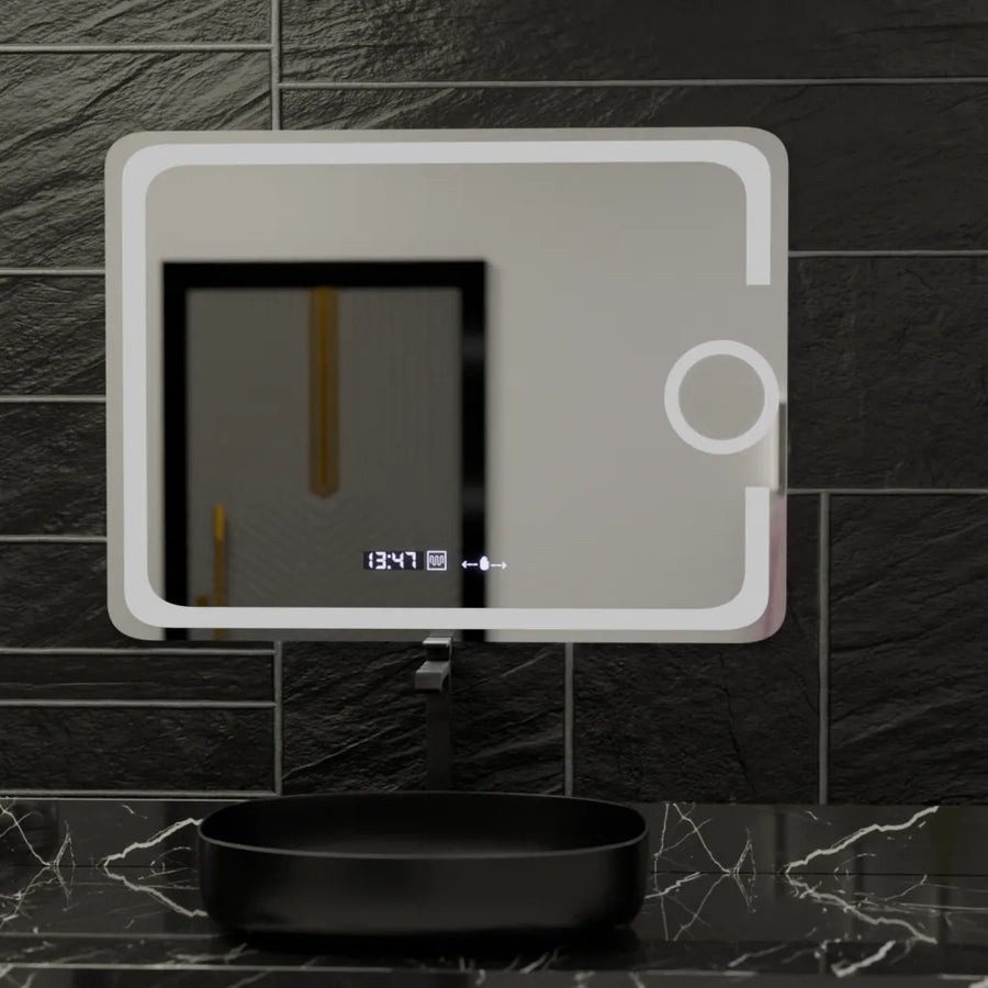 Prostokątne lustro LED, 80x60 cm, Eclat MotionGlow Marcello, system przeciwmgielny, zegar i termometr, lupa kosmetyczna, przyciemniane lustra Marcello Domyślny tytuł Alessandro Design