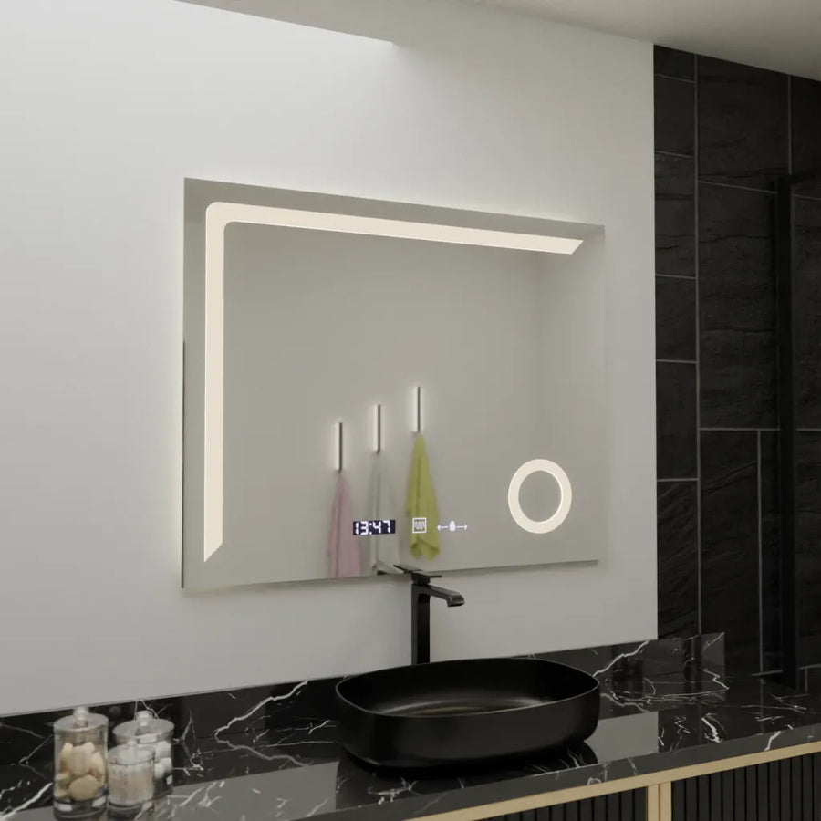 Prostokątne lustro LED, 100x80 cm, Precision MotionGlow Marcello, system usuwania zamglenia, zegar i termometr, lupa kosmetyczna, przyciemniane lustra Marcello Domyślny tytuł Alessandro Design