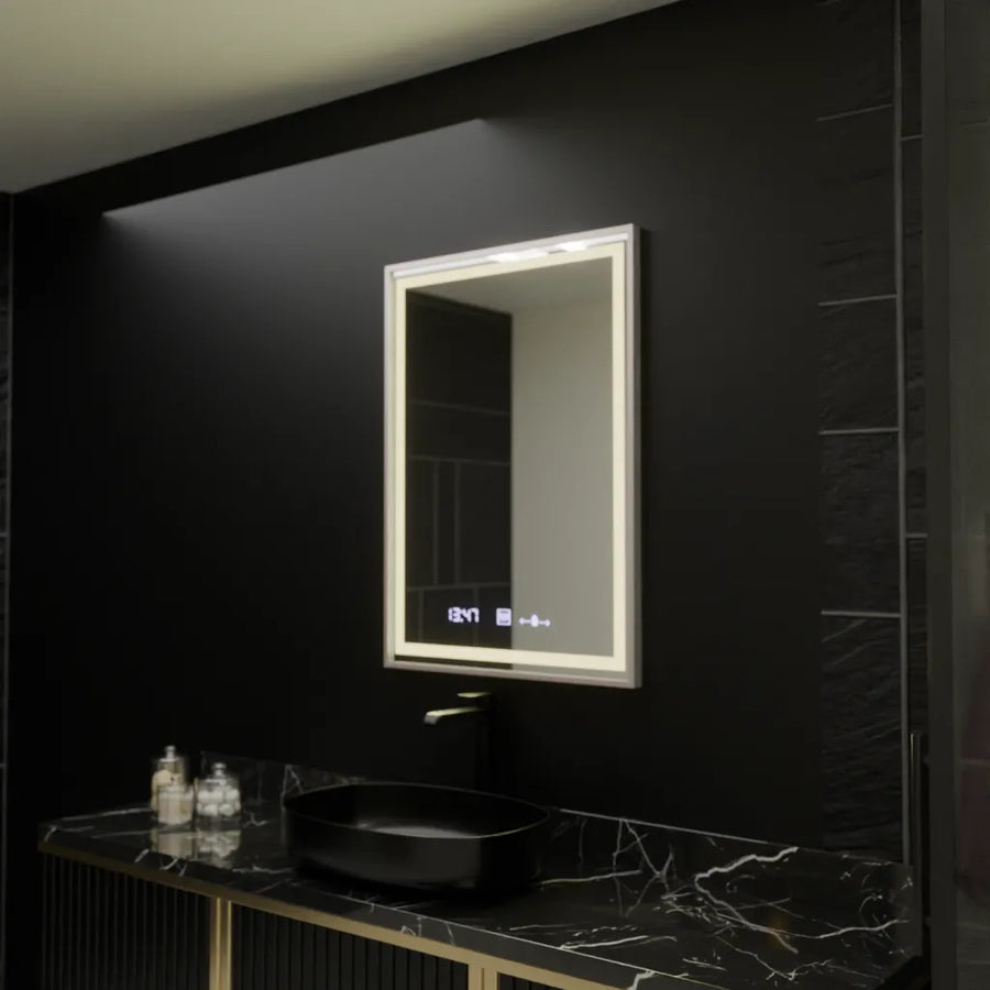 Prostokątne lustro LED, 60x80cm, Verite Imperial Silver Motion Glow Marcello, system odmgławiania, zegar i termometr, przyciemniane lustra Marcello Domyślny tytuł Alessandro Design