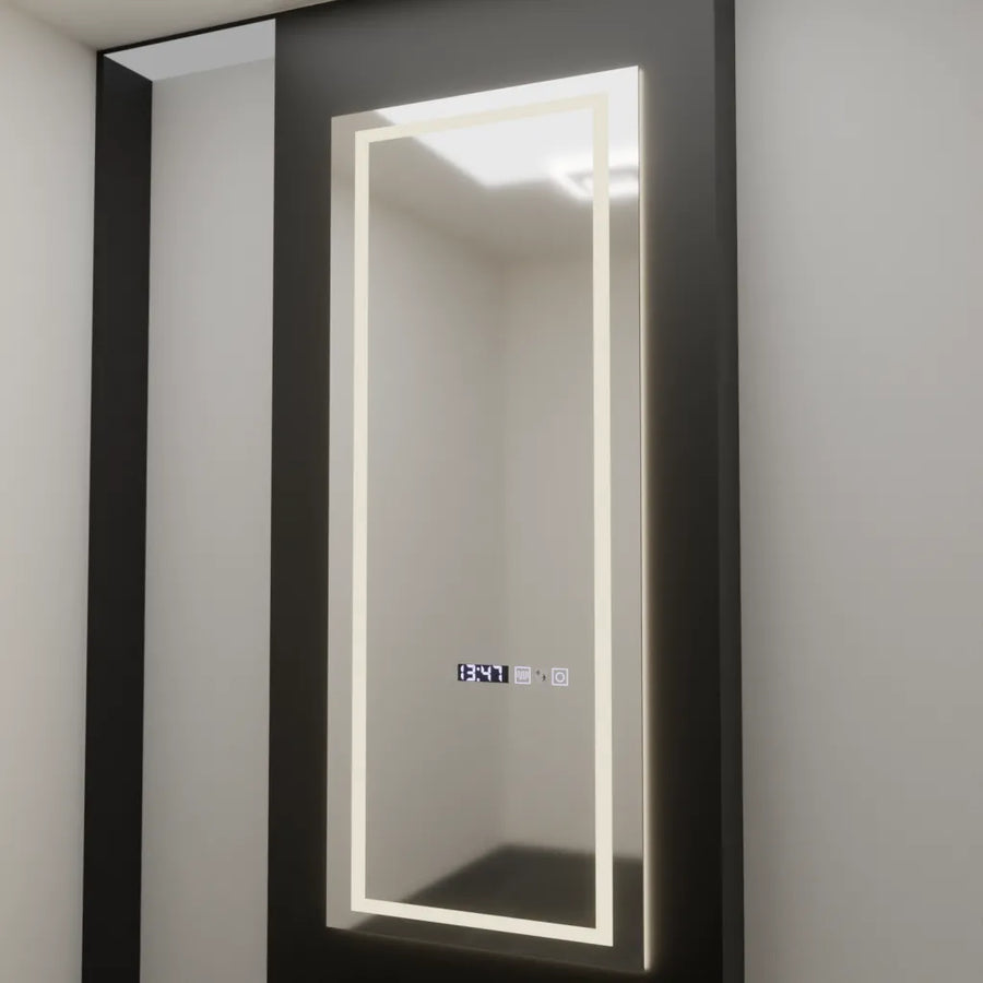 Prostokątne lustro LED, 60x150 cm, czujnik radarowy Alessia Marcello, system przeciwmgielny, zegar i termometr, dimabila, lustra Dressing Couture Domyślny tytuł Alessandro Design