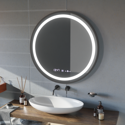 Okrągłe lustro LED, 100 cm, Celeste Majesté Noir MotionGlow Marcello, system odmgławiania, zegar i termometr, możliwość przyciemniania