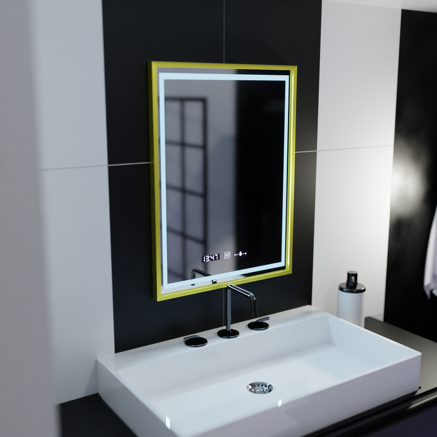Prostokątne lustro LED, 50x70 cm, Verite Royale Gold Motion Glow Marcello, system przeciwmgielny, zegar i termometr, przyciemniane lustra Marcello Domyślny tytuł Alessandro Design