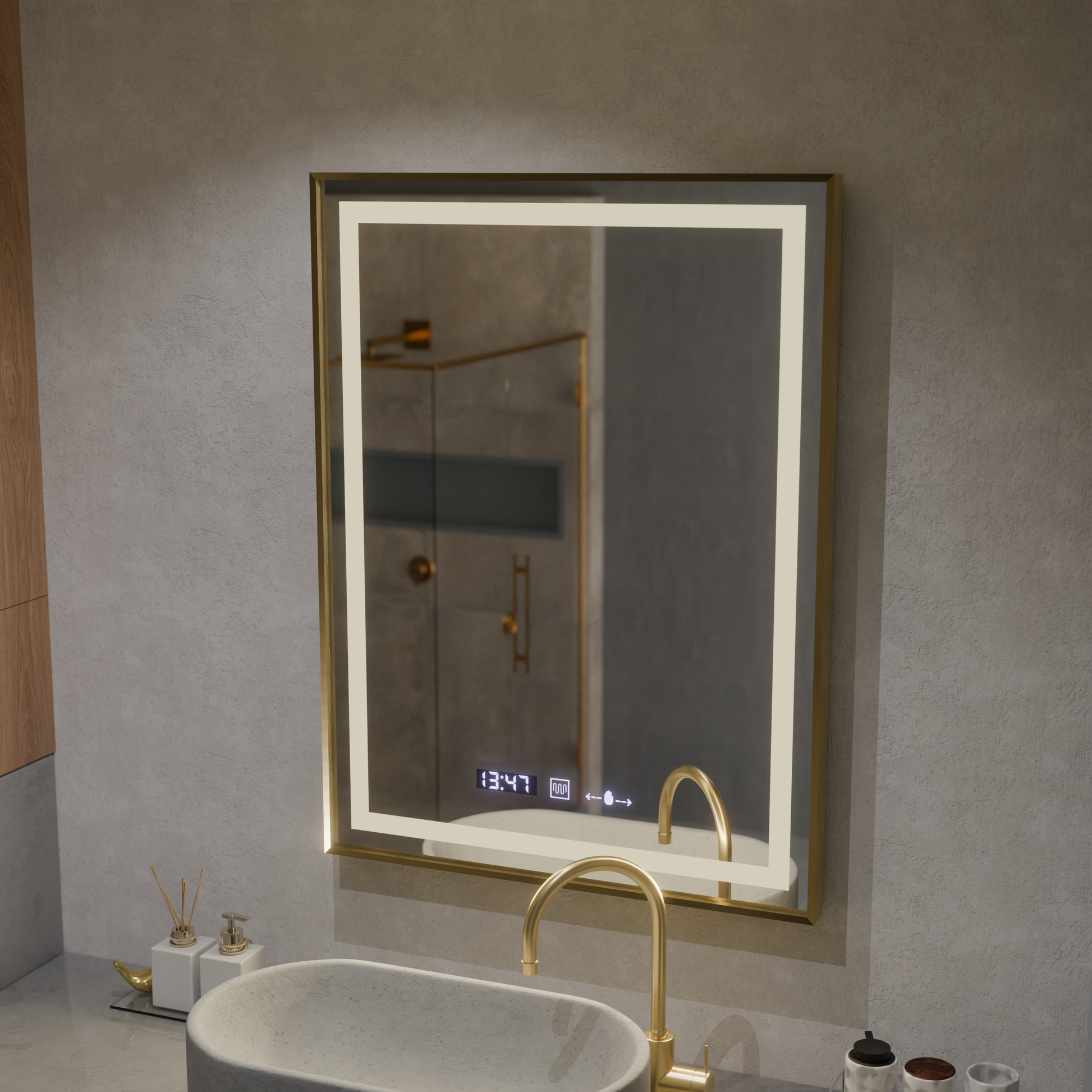 Prostokątne lustro LED, 60x80 cm, Verite Royale Gold MotionGlow Marcello, system odmgławiania, zegar i termometr, przyciemniane lustra Marcello Domyślny tytuł Alessandro Design