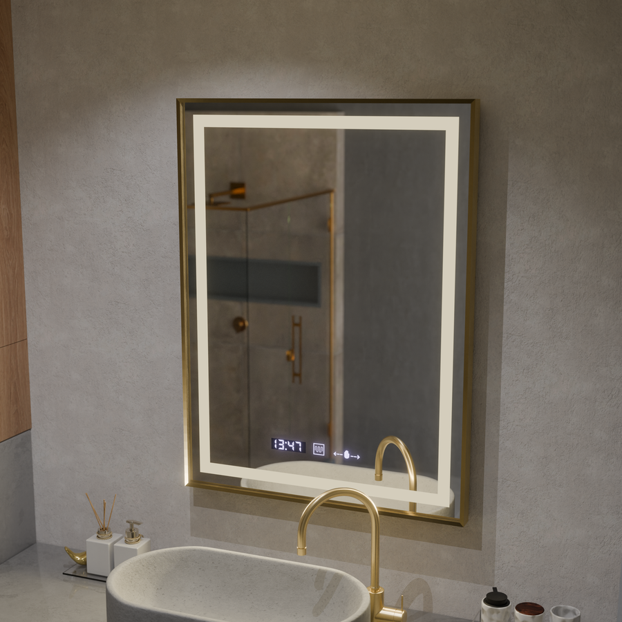 Prostokątne lustro LED, 60x80 cm, Verite Royale Gold MotionGlow Marcello, system odmgławiania, zegar i termometr, przyciemniane lustra Marcello Domyślny tytuł Alessandro Design