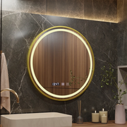 Lustro dotykowe LUSSO LED, system przeciwmgielny, zegar i temperatura, średnica 60 cm, rama ze szczotkowanego złota, neutralne ciepłe światło 3000 K/4500 K/6000 K, możliwość przyciemniania