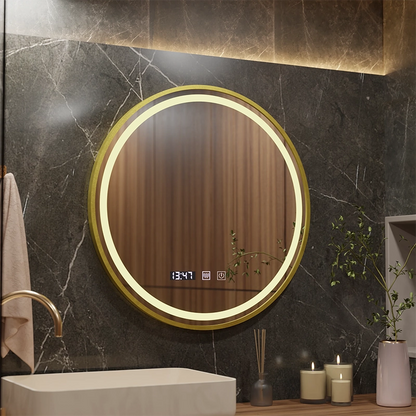 Lustro dotykowe LUSSO LED, system przeciwmgielny, zegar i temperatura, średnica 60 cm, rama ze szczotkowanego złota, neutralne ciepłe światło 3000 K/4500 K/6000 K, możliwość przyciemniania