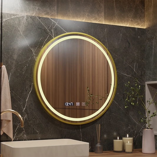 Lustro dotykowe LUSSO LED, system przeciwmgielny, zegar i temperatura, średnica 60 cm, rama ze szczotkowanego złota, neutralne ciepłe światło 3000 K/4500 K/6000 K, możliwość przyciemniania