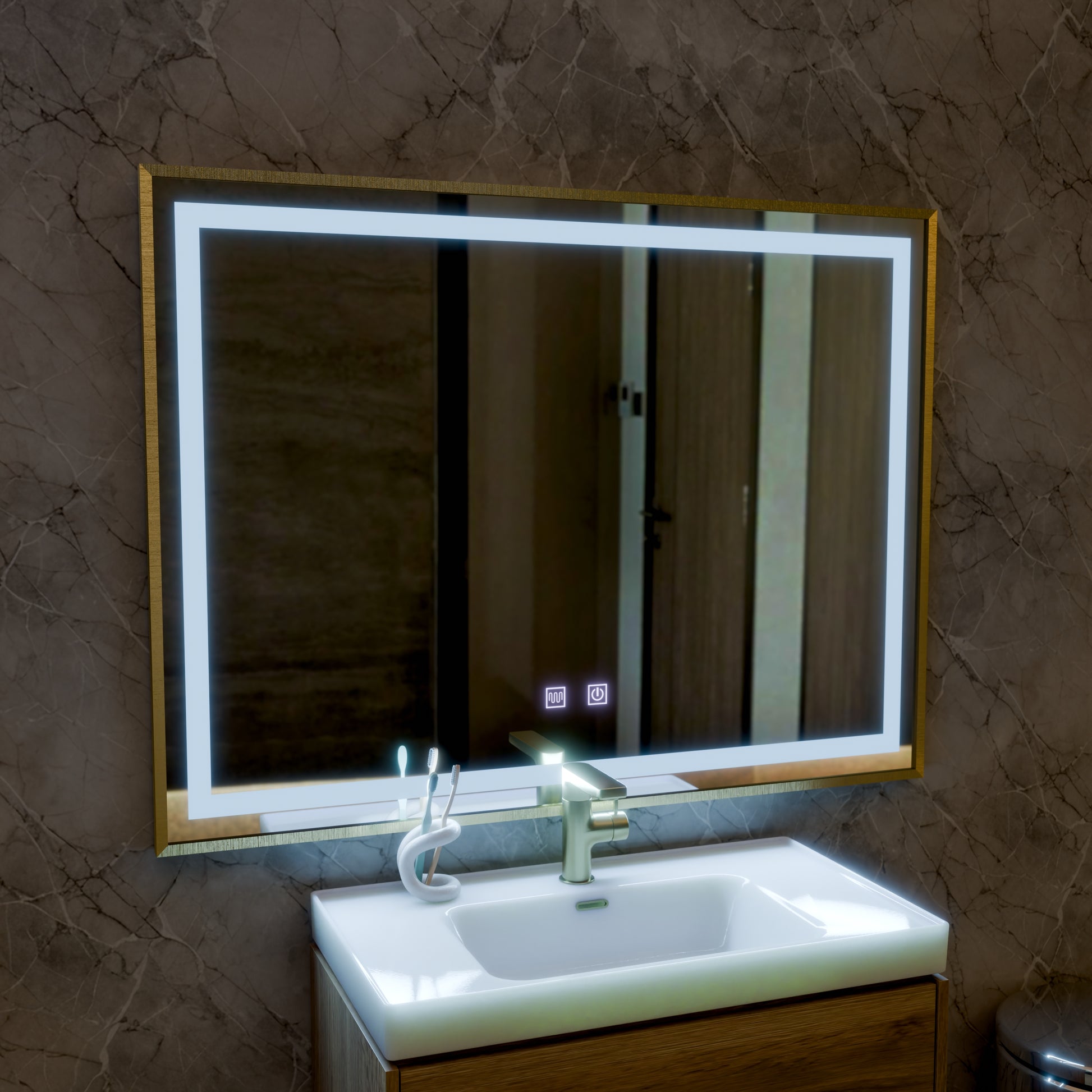 Lustro dotykowe Kariri LED, 80x60 cm, funkcja odmgławiania, lustra z ramą w kolorze różowego złota Korman E Domyślny tytuł Alessandro Design