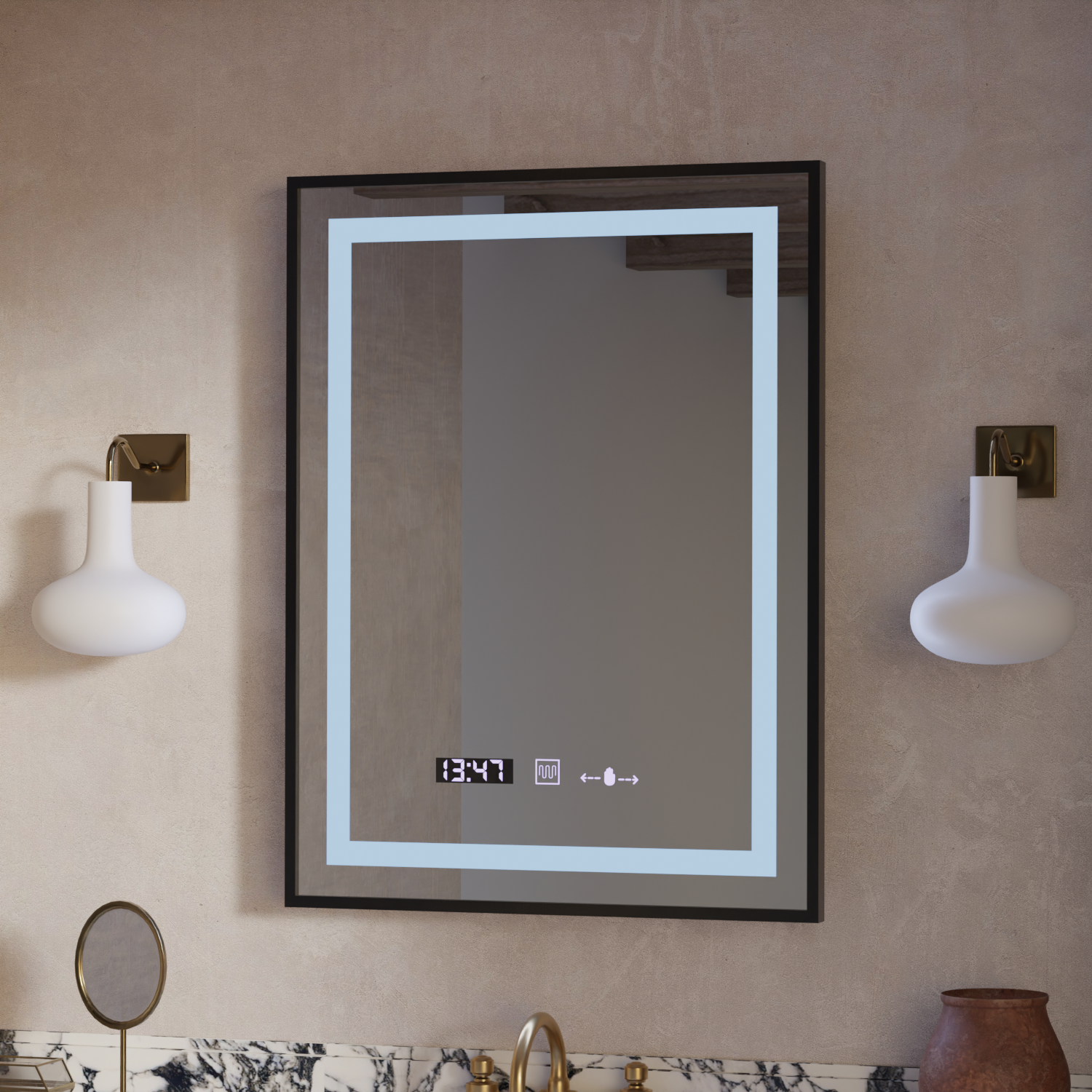 Prostokątne lustro LED, 50x70cm, Verite Majeste Noir Motion Glow Marcello, system odmgławiania, zegar i termometr, przyciemniane lustra Marcello Domyślny tytuł Alessandro Design