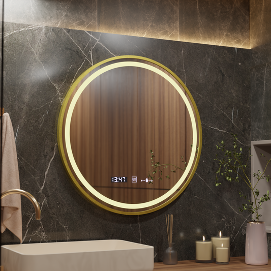 Okrągłe lustro LED, 80 cm, Celeste Royale Gold MotionGlow Marcello, system przeciwmgielny, zegar i termometr, przyciemniane lustra Marcello Domyślny tytuł Alessandro Design