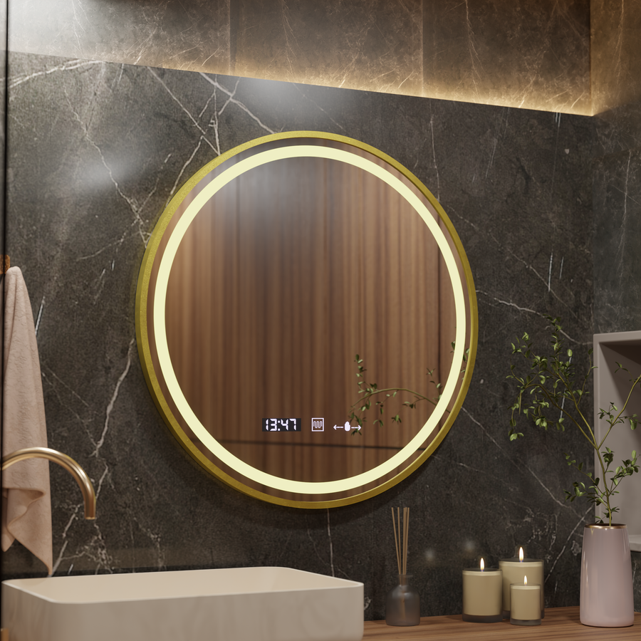 Okrągłe lustro LED, 80 cm, Celeste Royale Gold MotionGlow Marcello, system przeciwmgielny, zegar i termometr, przyciemniane lustra Marcello Domyślny tytuł Alessandro Design