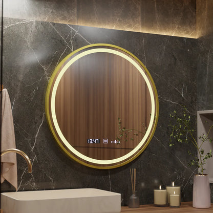 Okrągłe lustro LED, 60 cm, Celeste Royale Gold Eleve MotionGlow Marcello, system przeciwmgielny, zegar i termometr, możliwość przyciemniania, odpinany pasek Marcello Mirrors Domyślny tytuł Alessandro Design