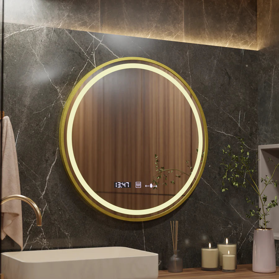 Okrągłe lustro LED, 60 cm, Celeste Royale Gold Eleve MotionGlow Marcello, system przeciwmgielny, zegar i termometr, możliwość przyciemniania, odpinany pasek Marcello Mirrors Domyślny tytuł Alessandro Design