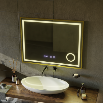 LED Touch CLARUS System odmgławiania lusterek, zegar i temperatura 80x60 cm Złota ramka Szczotkowane lusterka kosmetyczne Korman S Domyślny tytuł Alessandro Design