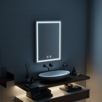 Lustro dotykowe Kariri LED, 60x80 cm, funkcja odmgławiania, lustra ze szczotkowaną ramą w kolorze złotej róży Korman E Domyślny tytuł Alessandro Design