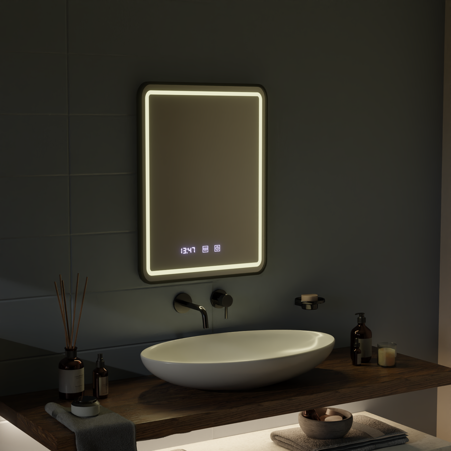 Lustro LED Touch LUCIDA System odmgławiania, zegar i temperatura 60x80 cm Rama Czarne szczotkowane lustra Korman S Domyślny tytuł Alessandro Design