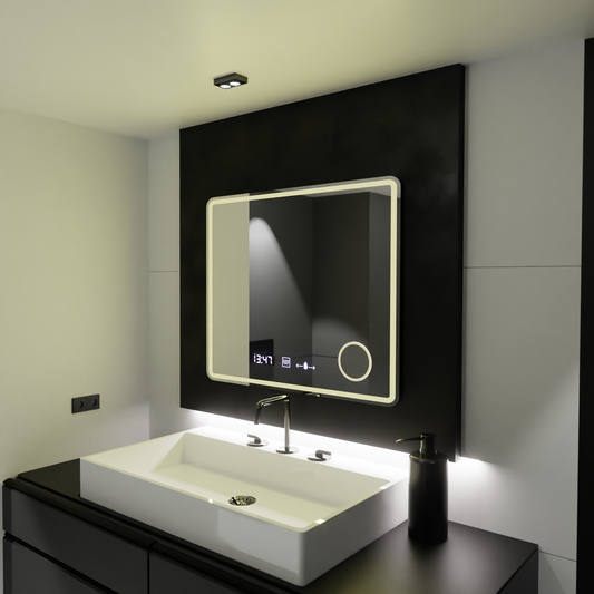 Prostokątne lustro LED, 80x60 cm, Riflesso MotionGlow Marcello, system usuwania zamglenia, zegar i termometr, lupa kosmetyczna, przyciemniane lustra Marcello Domyślny tytuł Alessandro Design