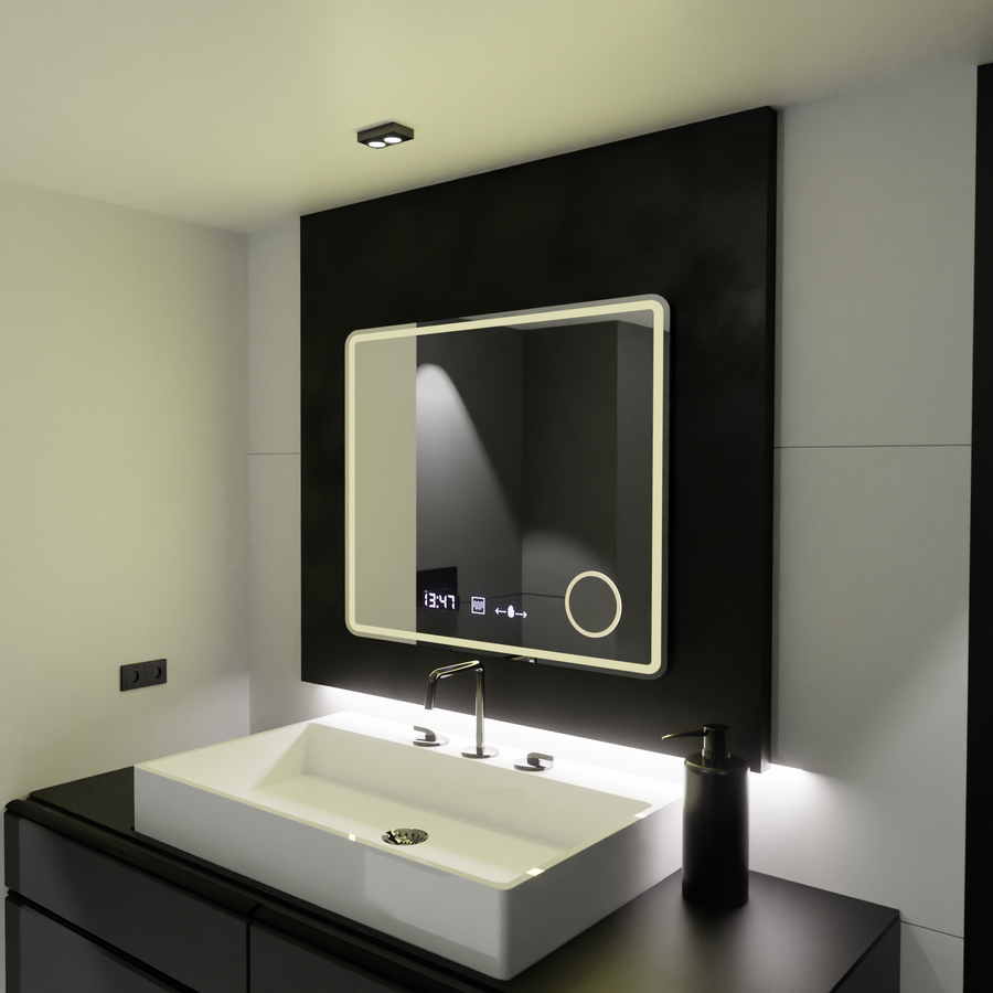 Prostokątne lustro LED, 80x60 cm, Riflesso MotionGlow Marcello, system usuwania zamglenia, zegar i termometr, lupa kosmetyczna, przyciemniane lustra Marcello Domyślny tytuł Alessandro Design