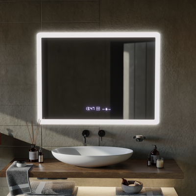 Prostokątne lustro LED, 80x60cm, czujnik ELANCEE MotionGlow Marcello, system usuwania zaparowania, zegar i termometr, możliwość przyciemniania