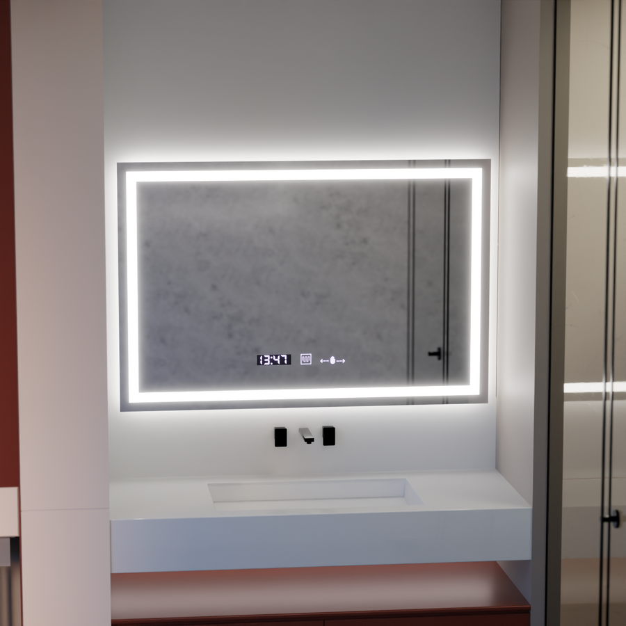 Prostokątne lustro LED 120x80cm Vérité MotionGlow Marcello, system odmgławiania, zegar i termometr, ściemniane lustra Marcello Domyślny tytuł Alessandro Design