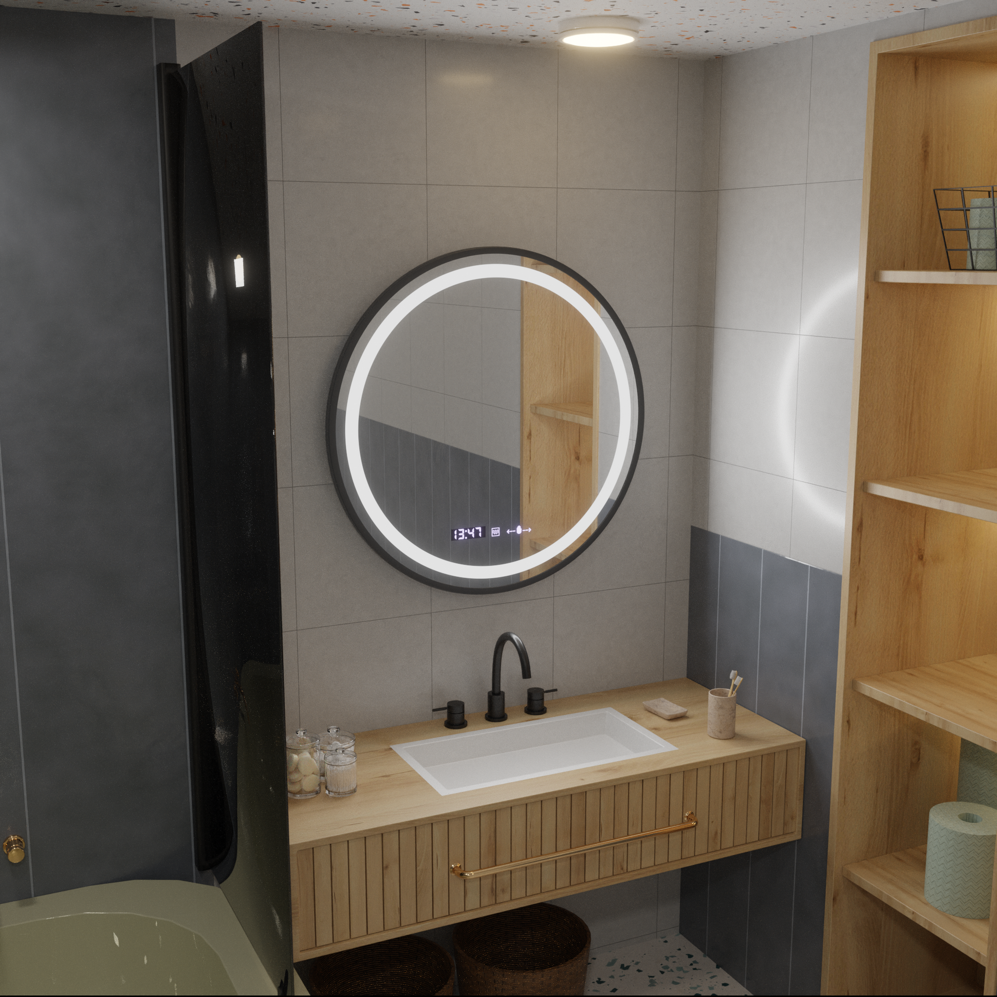 Okrągłe lustro LED, 100 cm, Celeste Majesté Noir MotionGlow Marcello, system przeciwmgielny, zegar i termometr, przyciemniane lustra Marcello Domyślny tytuł Alessandro Design