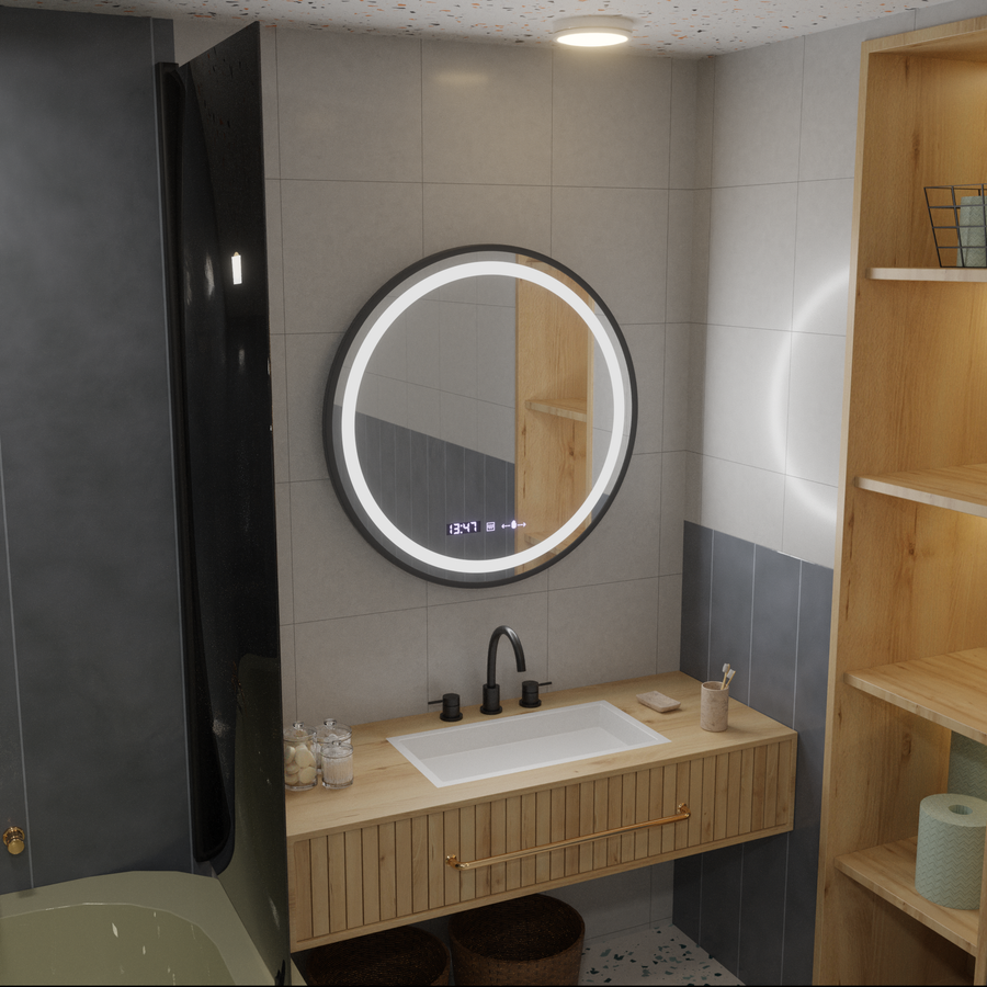 Okrągłe lustro LED, 100 cm, Celeste Majesté Noir MotionGlow Marcello, system przeciwmgielny, zegar i termometr, przyciemniane lustra Marcello Domyślny tytuł Alessandro Design